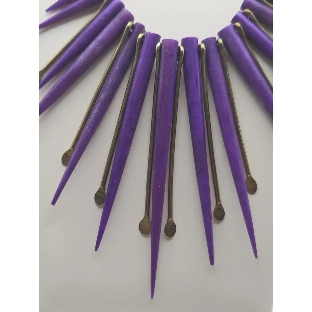 Vintage Purple Spike Fringe Bib Necklace 18” Gold Tone Boho Runway Statement